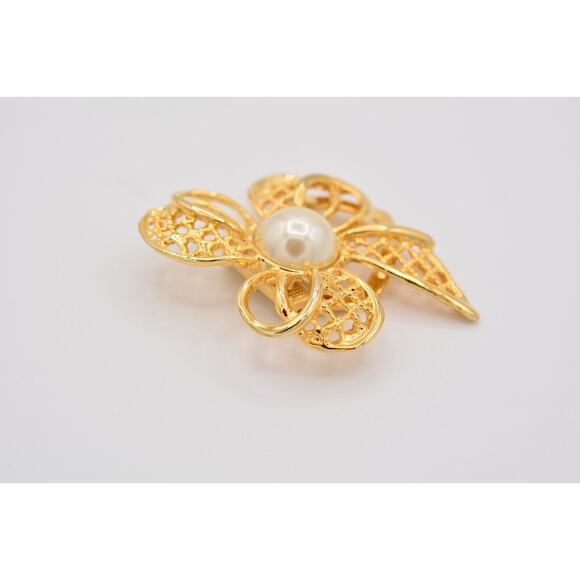 Vintage Bow Scarf Clip Faux Pearl Shiny Gold Tone Yellow Brushed 1980s 9B - Picture 6 of 12